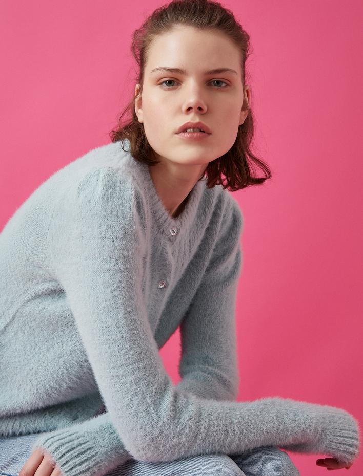  Bisiklet Yaka Düğme Detaylı Triko Hırka