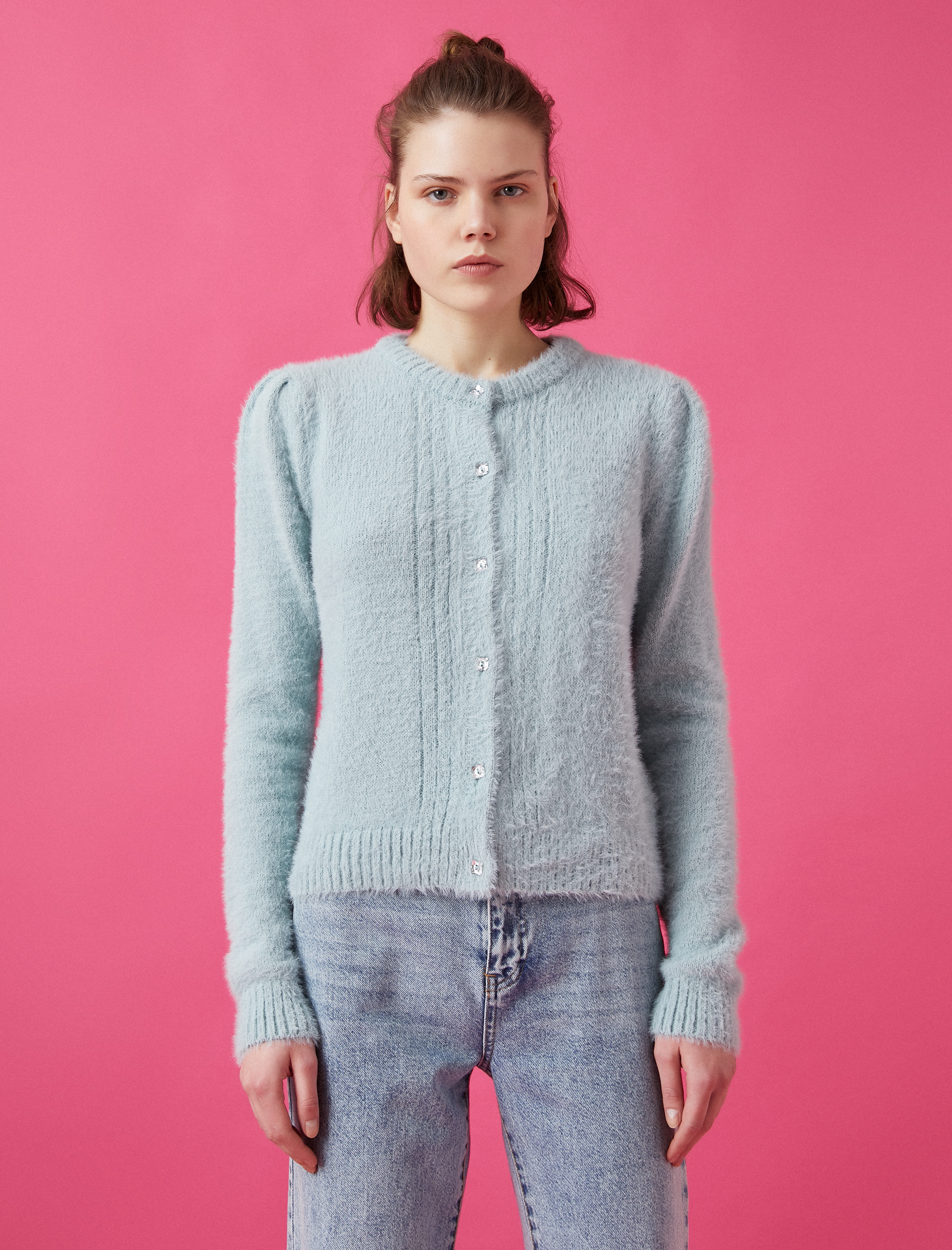   Bisiklet Yaka Düğme Detaylı Triko Hırka