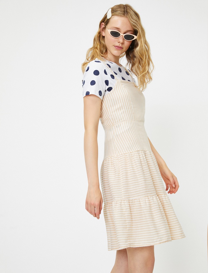  Çizgili Elbise Keten Karışımlı