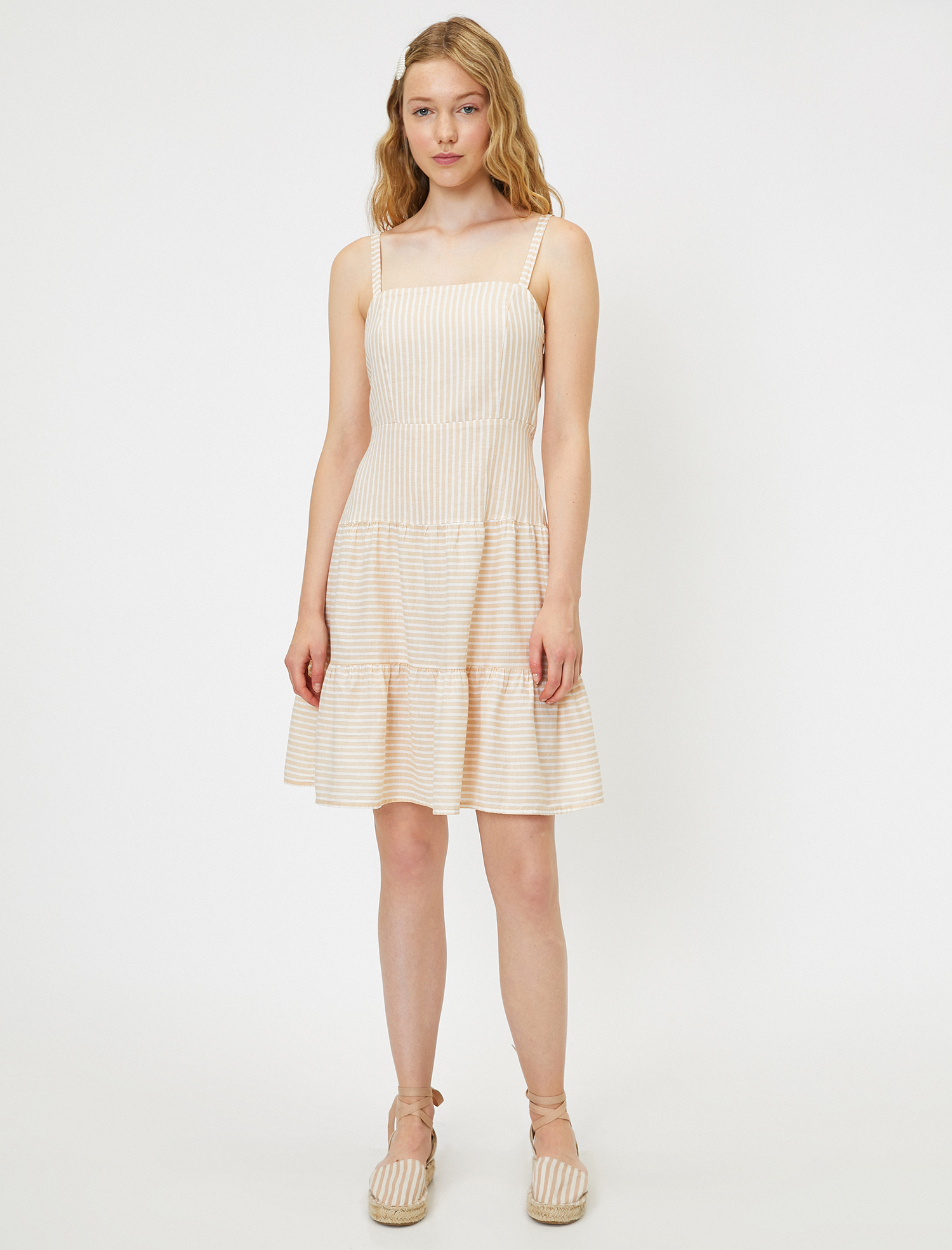   Çizgili Elbise Keten Karışımlı