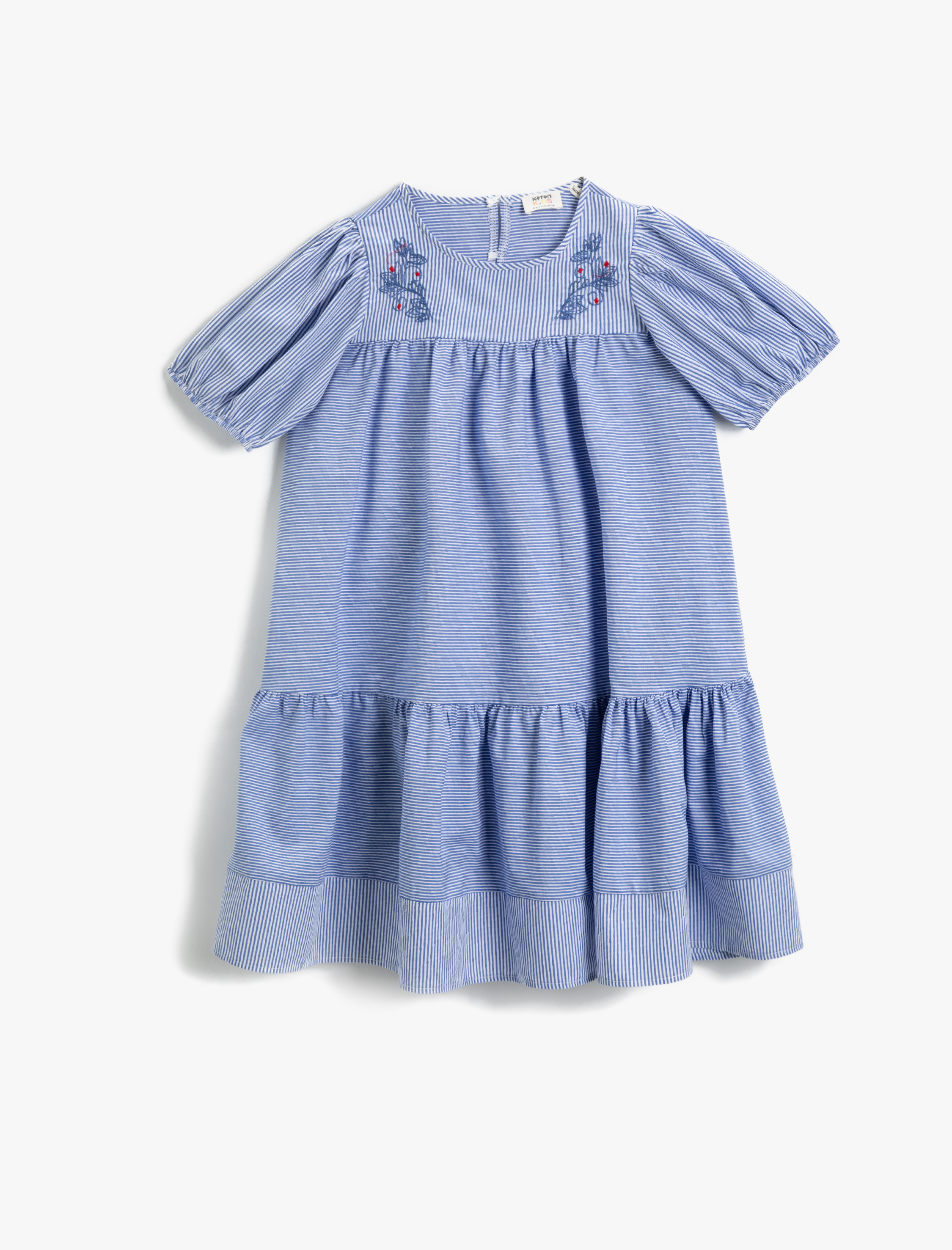  Kız Çocuk Çizgili Elbise Nakışlı Kısa Kollu Pamuklu