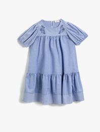 Çizgili Elbise Nakışlı Kısa Kollu Pamuklu