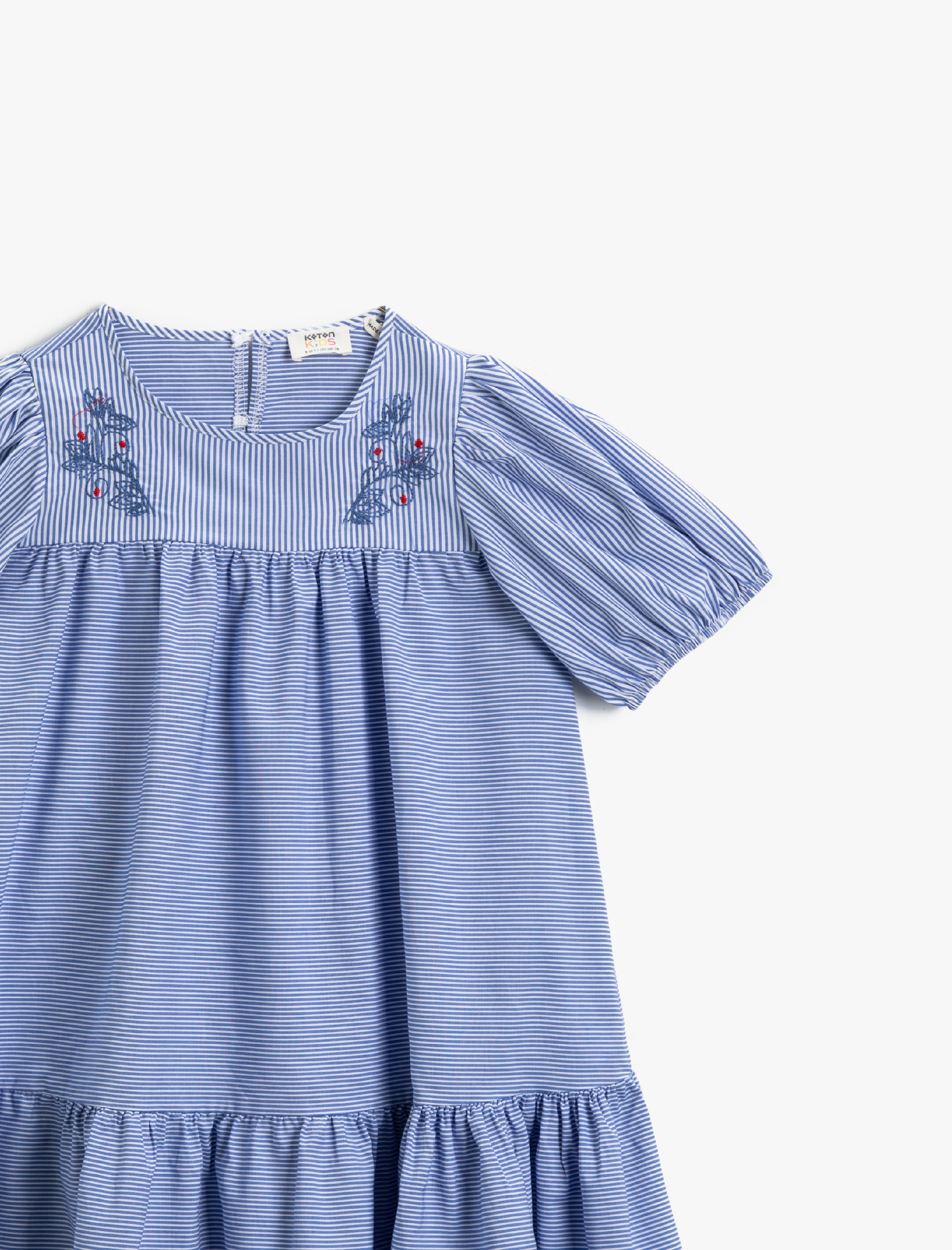  Kız Çocuk Çizgili Elbise Nakışlı Kısa Kollu Pamuklu