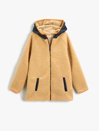 Peluş Kapşonlu Mont Cepli