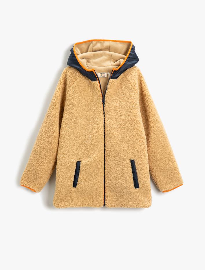 Erkek Çocuk Peluş Kapşonlu Mont Cepli