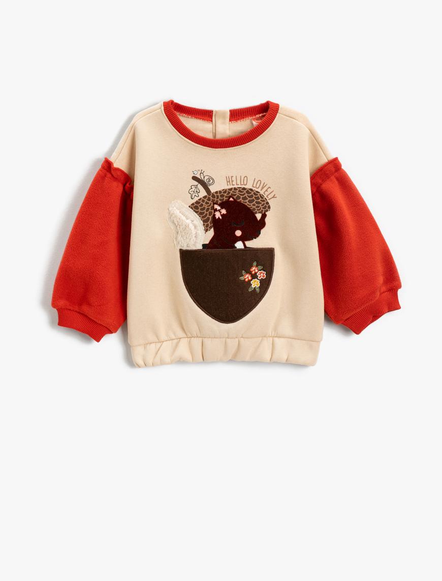  Kız Bebek Hayvan Desenli Sweatshirt Balon Kol Pamuklu