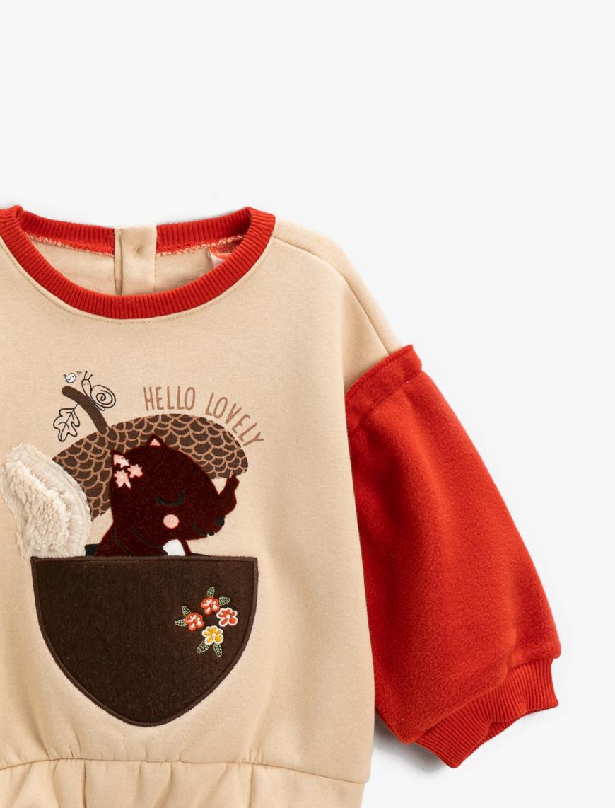  Kız Bebek Hayvan Desenli Sweatshirt Balon Kol Pamuklu