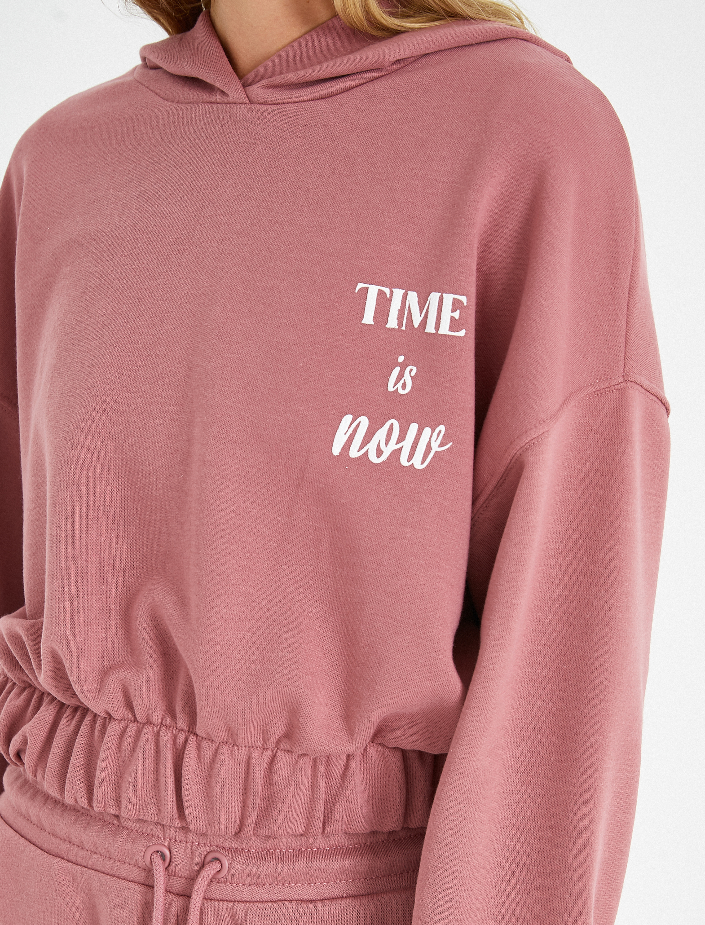 Yazılı Kapüşonlu Sweatshirt Beli Lastikli