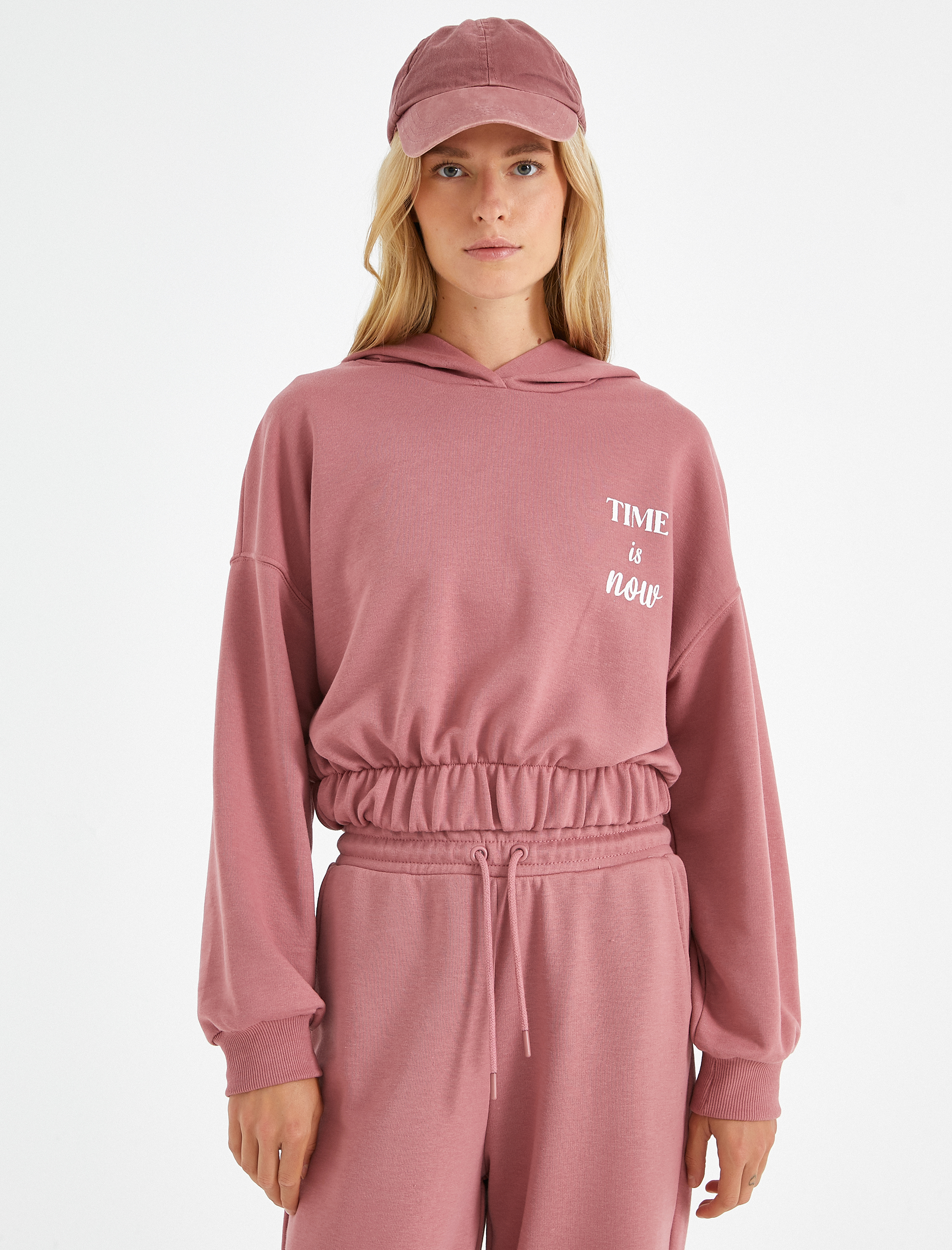 Yazılı Kapüşonlu Sweatshirt Beli Lastikli