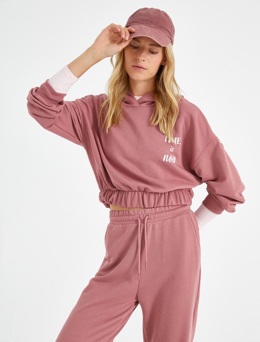   Yazılı Kapüşonlu Sweatshirt Beli Lastikli