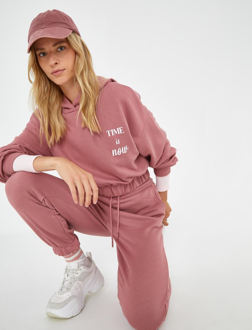   Yazılı Kapüşonlu Sweatshirt Beli Lastikli