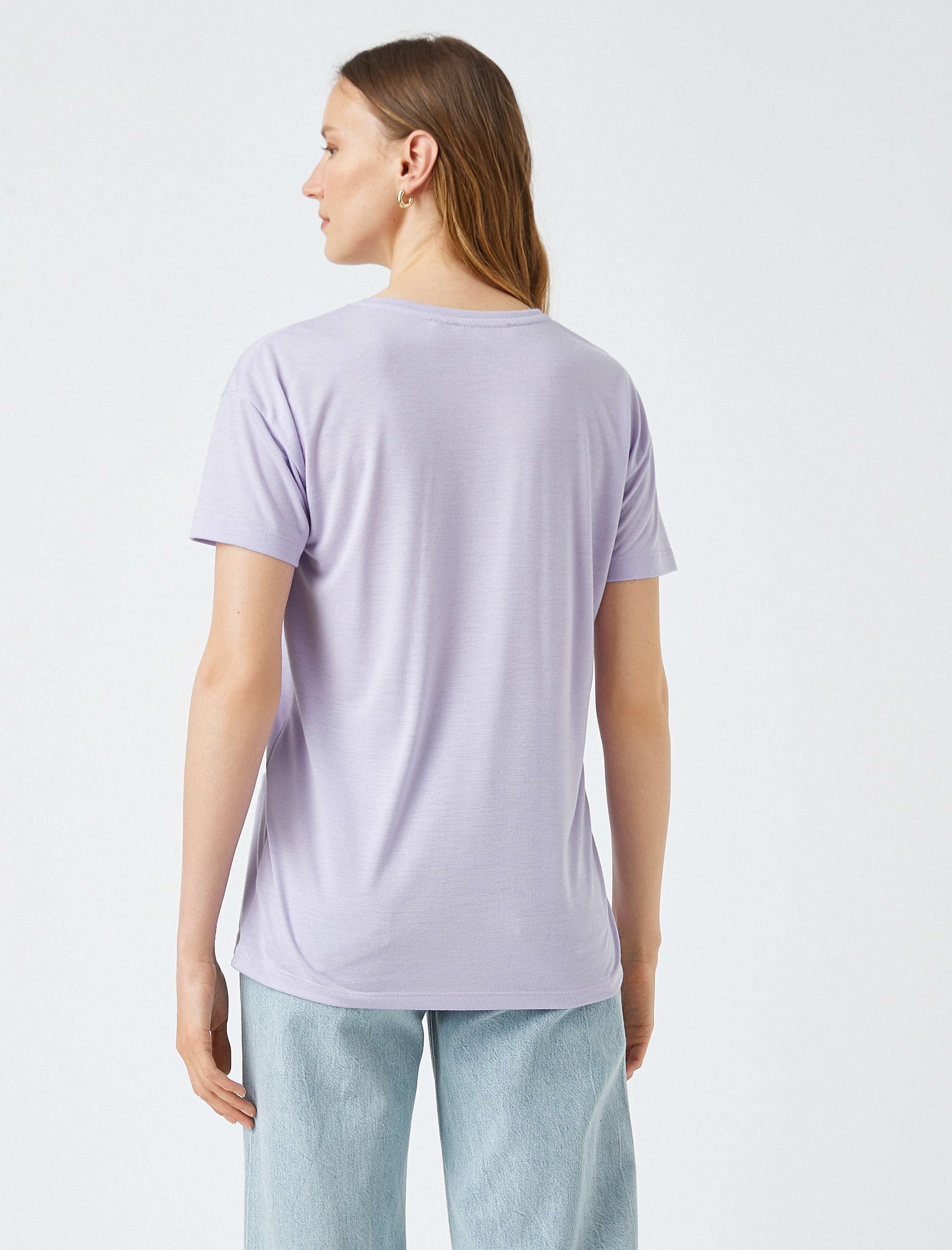   Bisiklet Yaka Payetli Baskılı Kısa Kollu Tişört