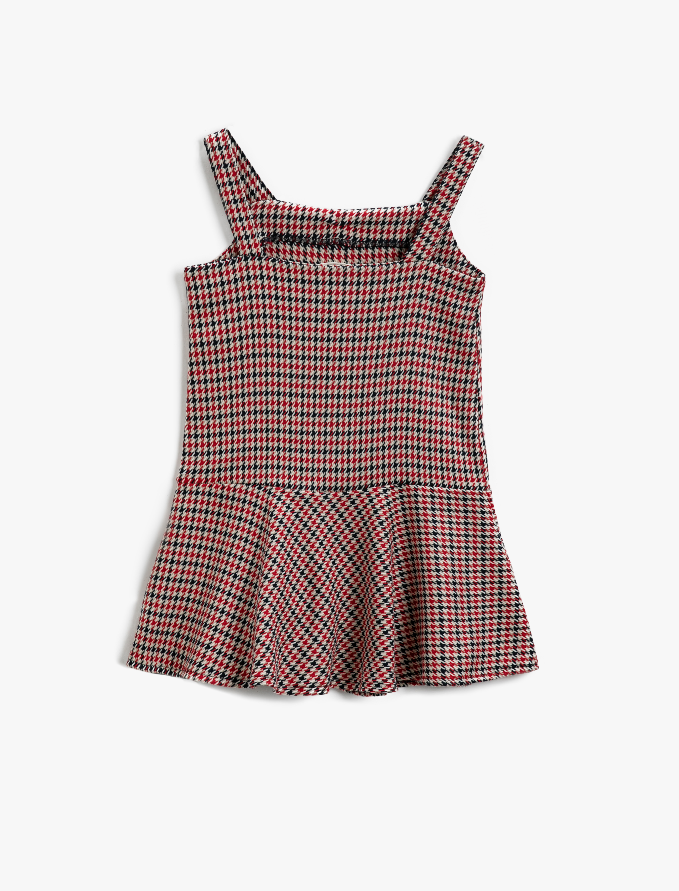 Kız Çocuk Kazayağı Desenli Salopet Elbise Kolsuz Volanlı