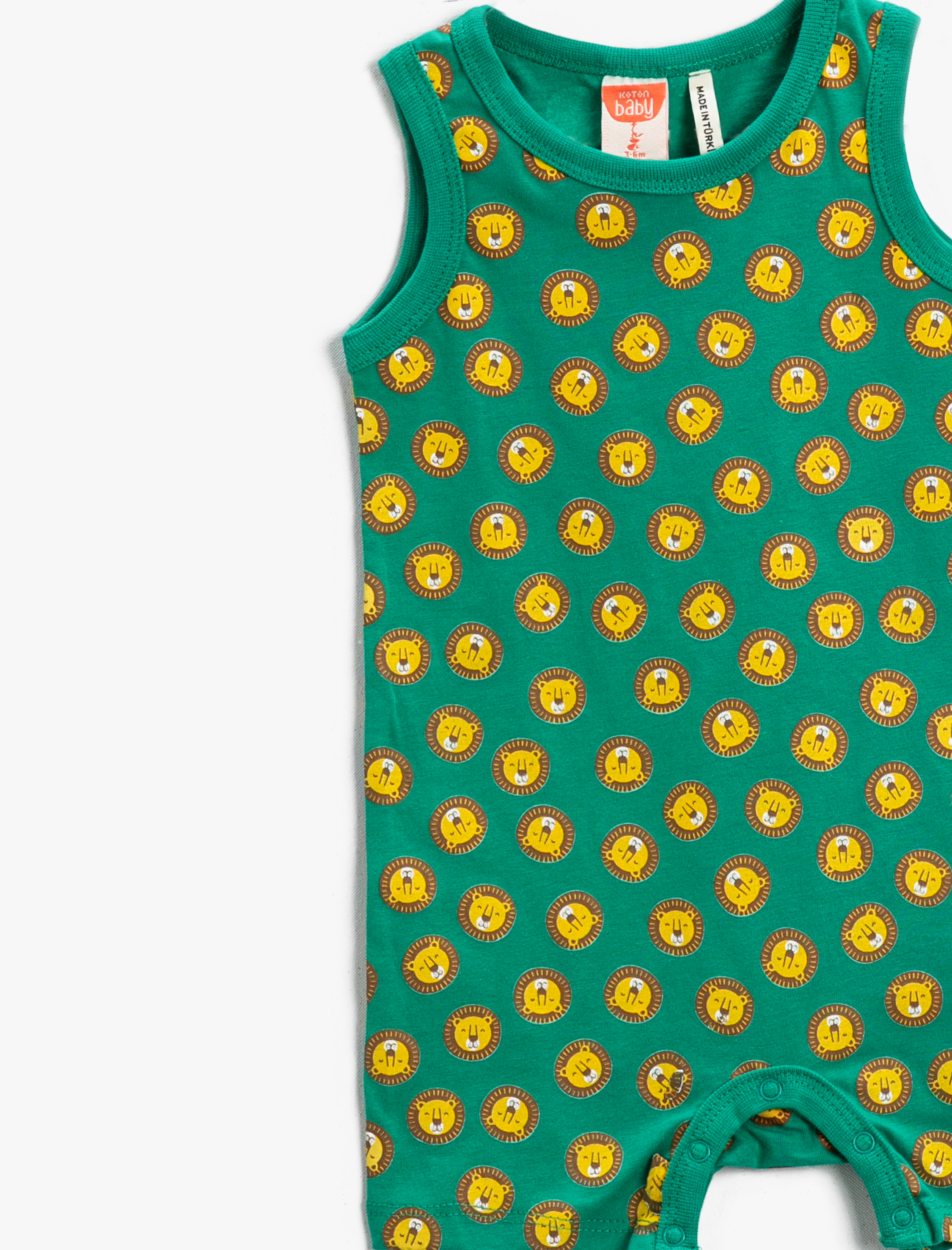  Erkek Bebek Tulum Kolsuz Çıt Çıtlı Kısa Pamuklu Aslan Baskılı