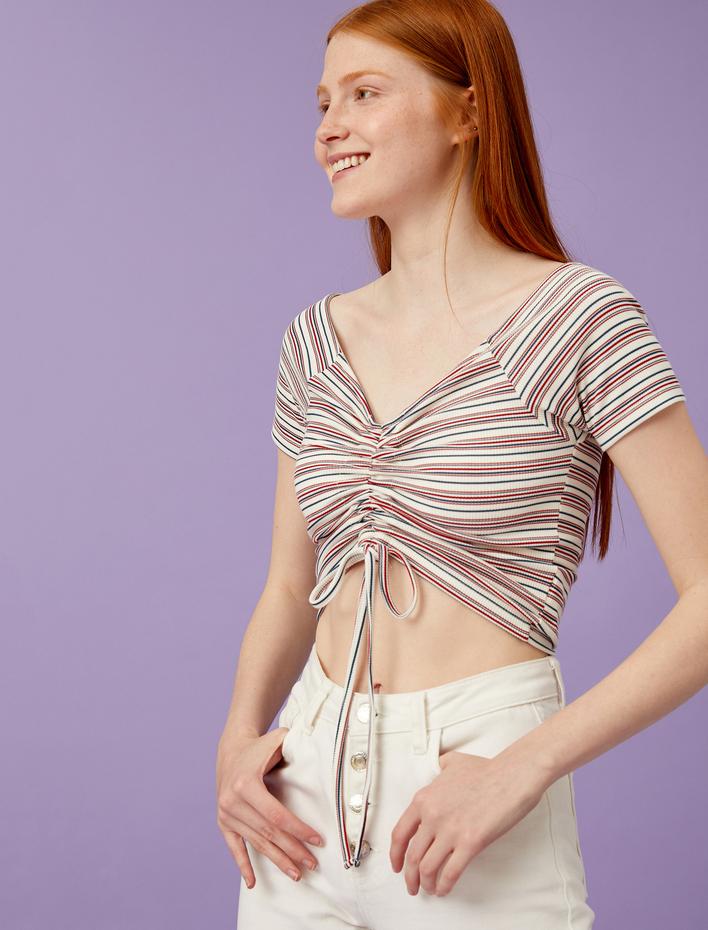  Crop Tişört Büzgülü Çizgili