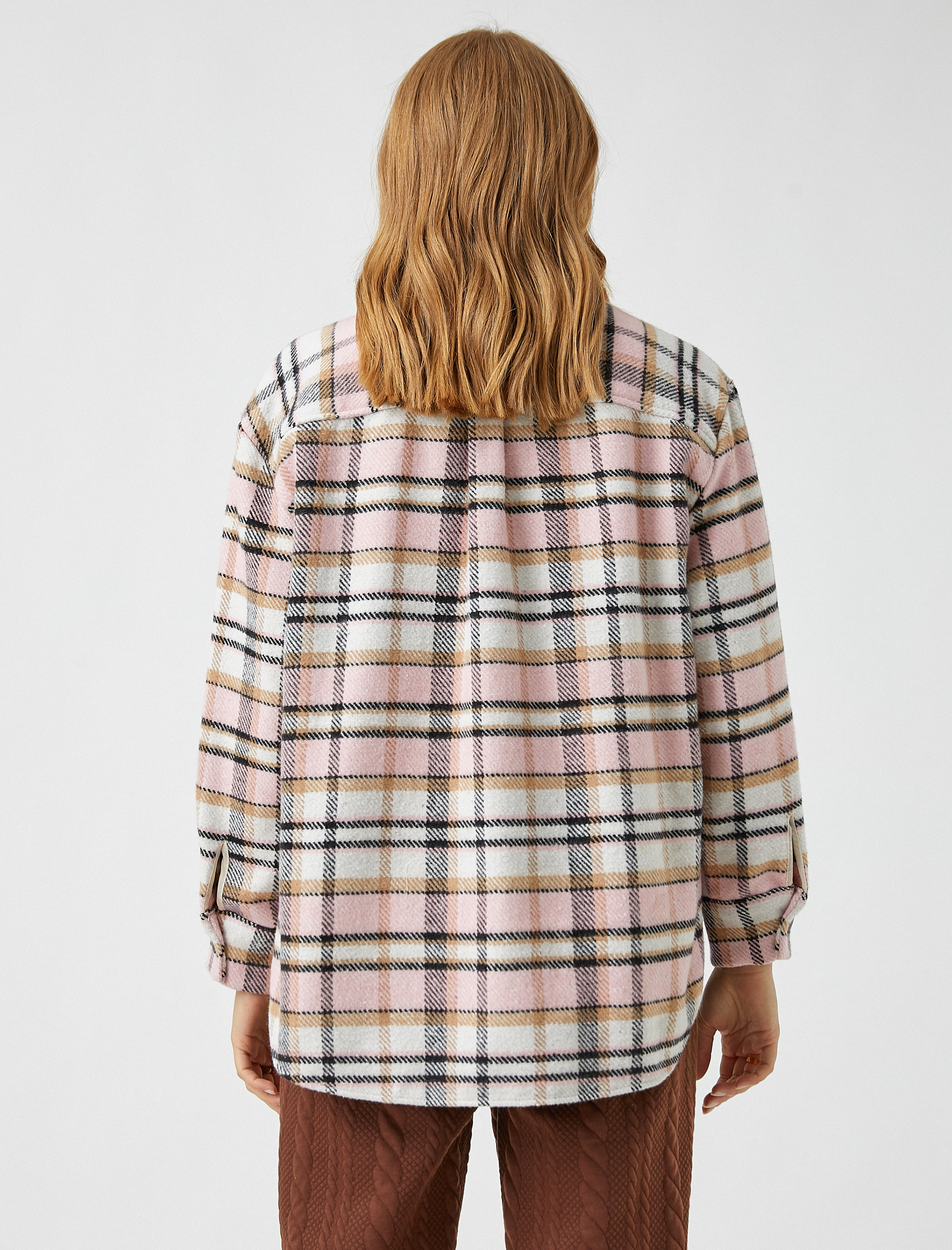   Uzun Kollu Oversize Düğmeli Cep Detaylı Ekose Gömlek