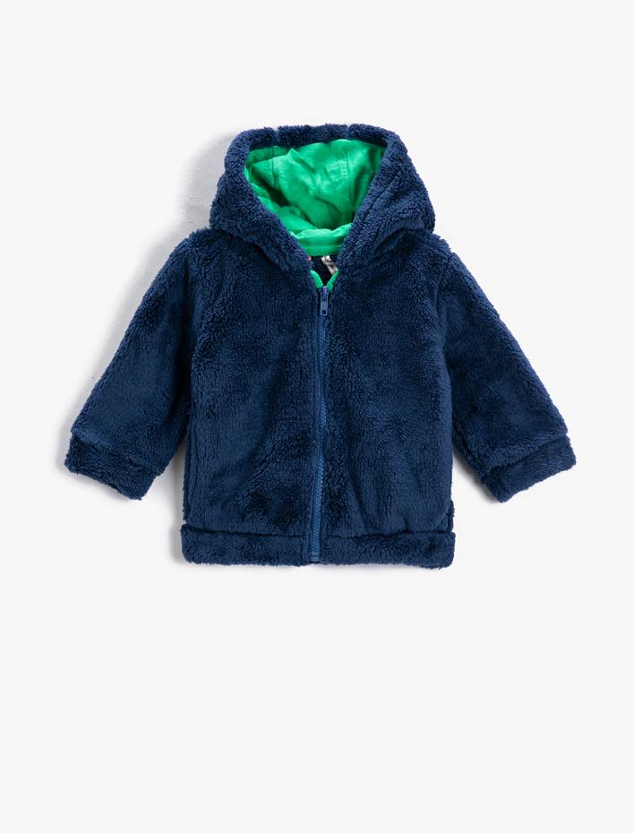 Erkek Bebek Basic Peluş Hırka Fermuarlı Kapüşonlu