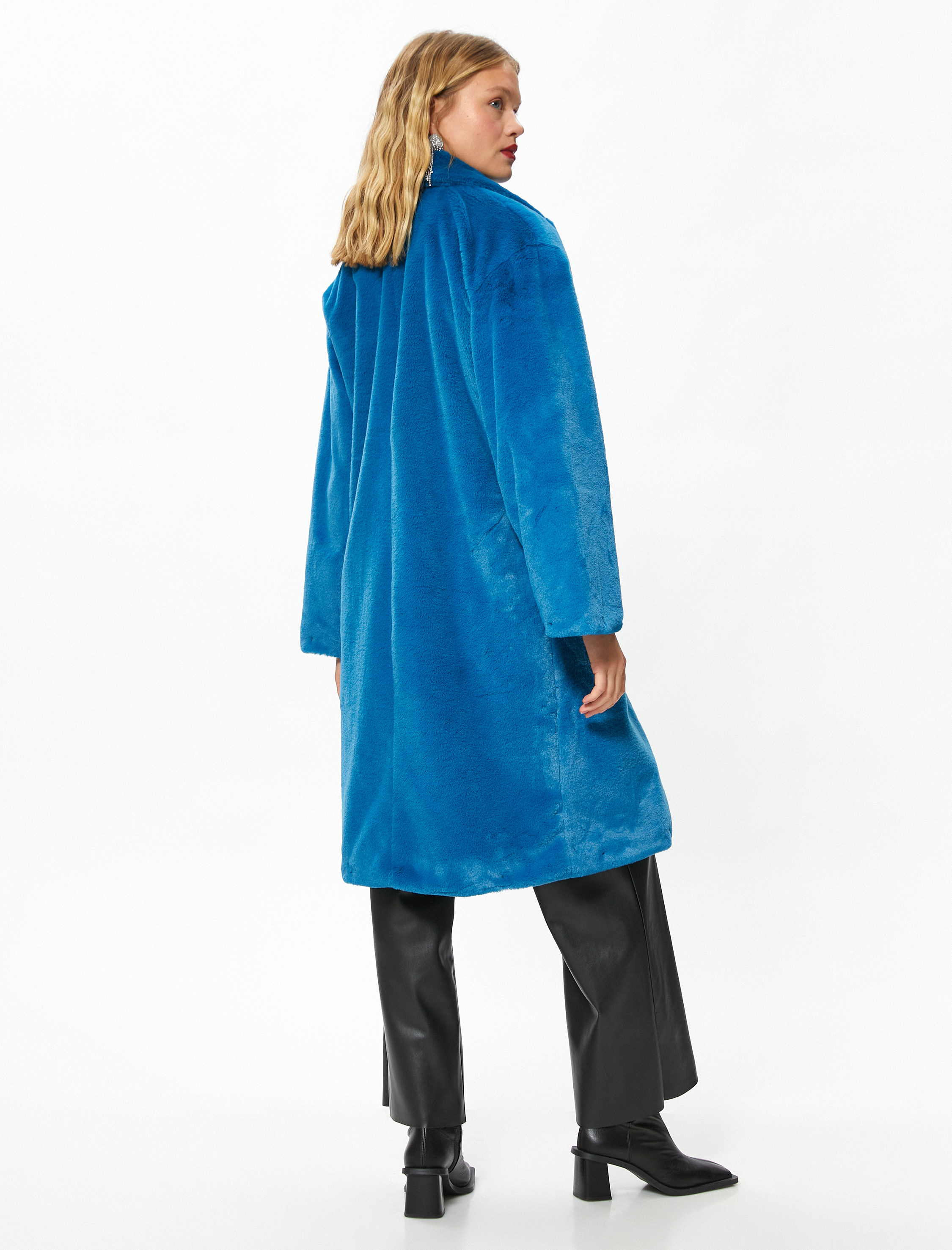   Oversize Uzun Peluş Kaban Cepli Katlı Yaka