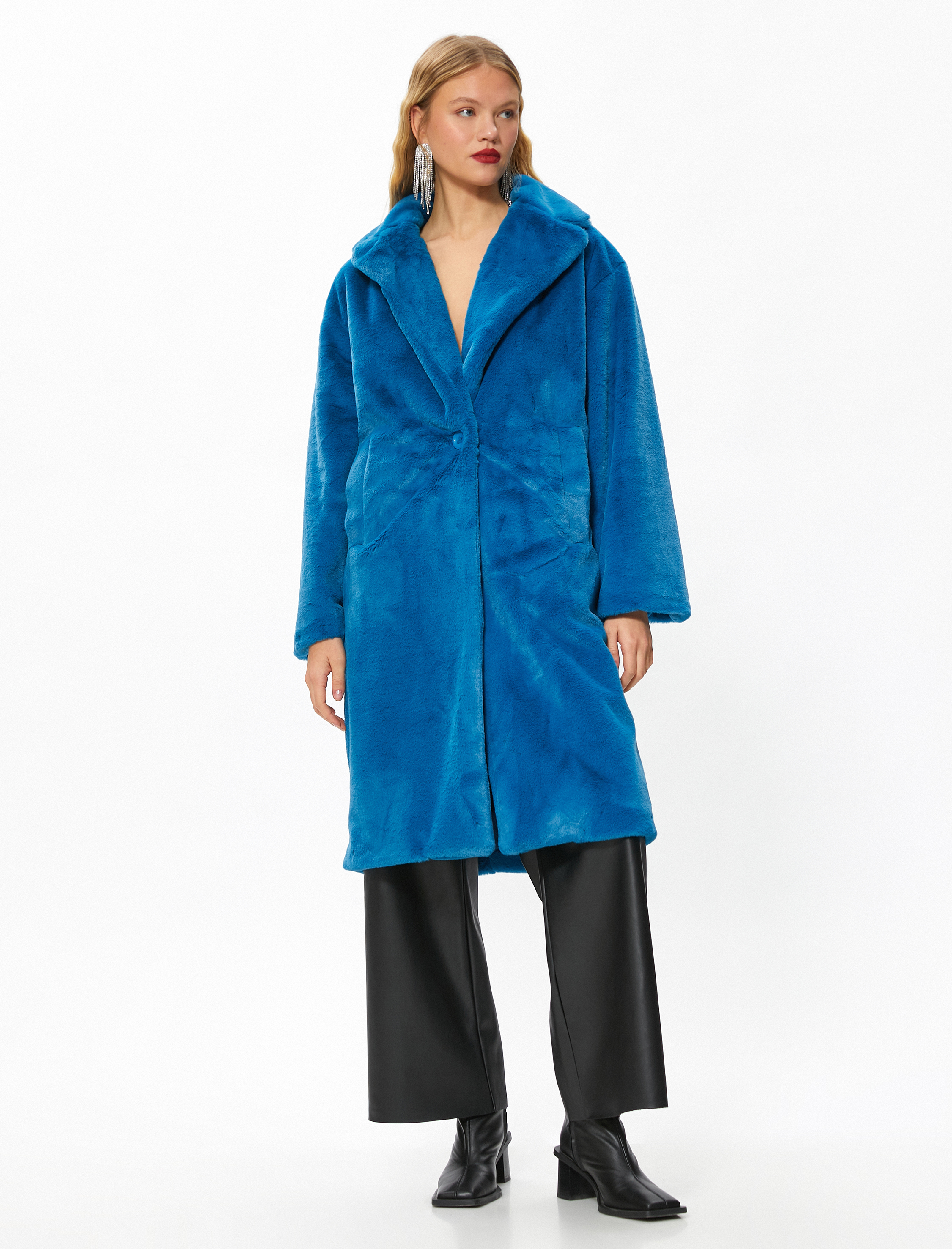   Oversize Uzun Peluş Kaban Cepli Katlı Yaka