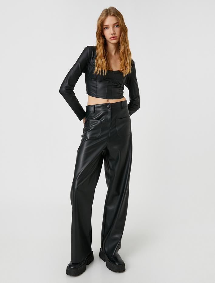  Deri Görünümlü Büstiyer Uzun Kollu Kare Yaka