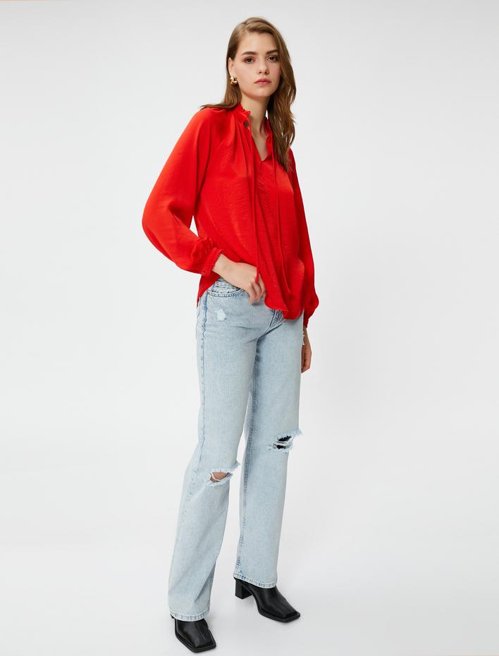  Boho Bluz Dik Yaka Bağlama Detaylı