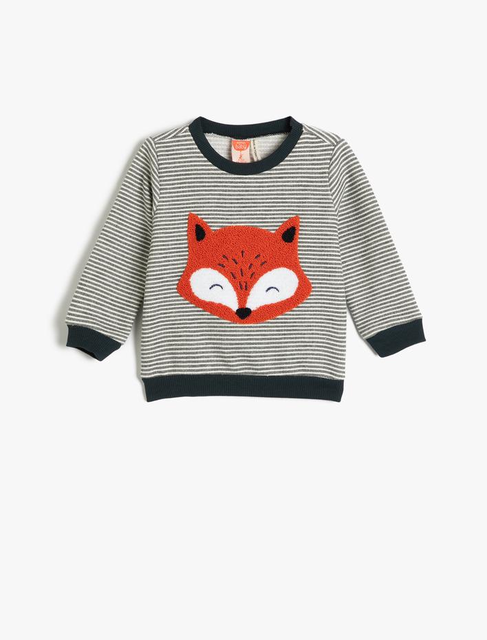 Erkek Bebek Sweatshirt Peluş Tilki Aplike Detaylı Şardonlu Bisiklet Yaka