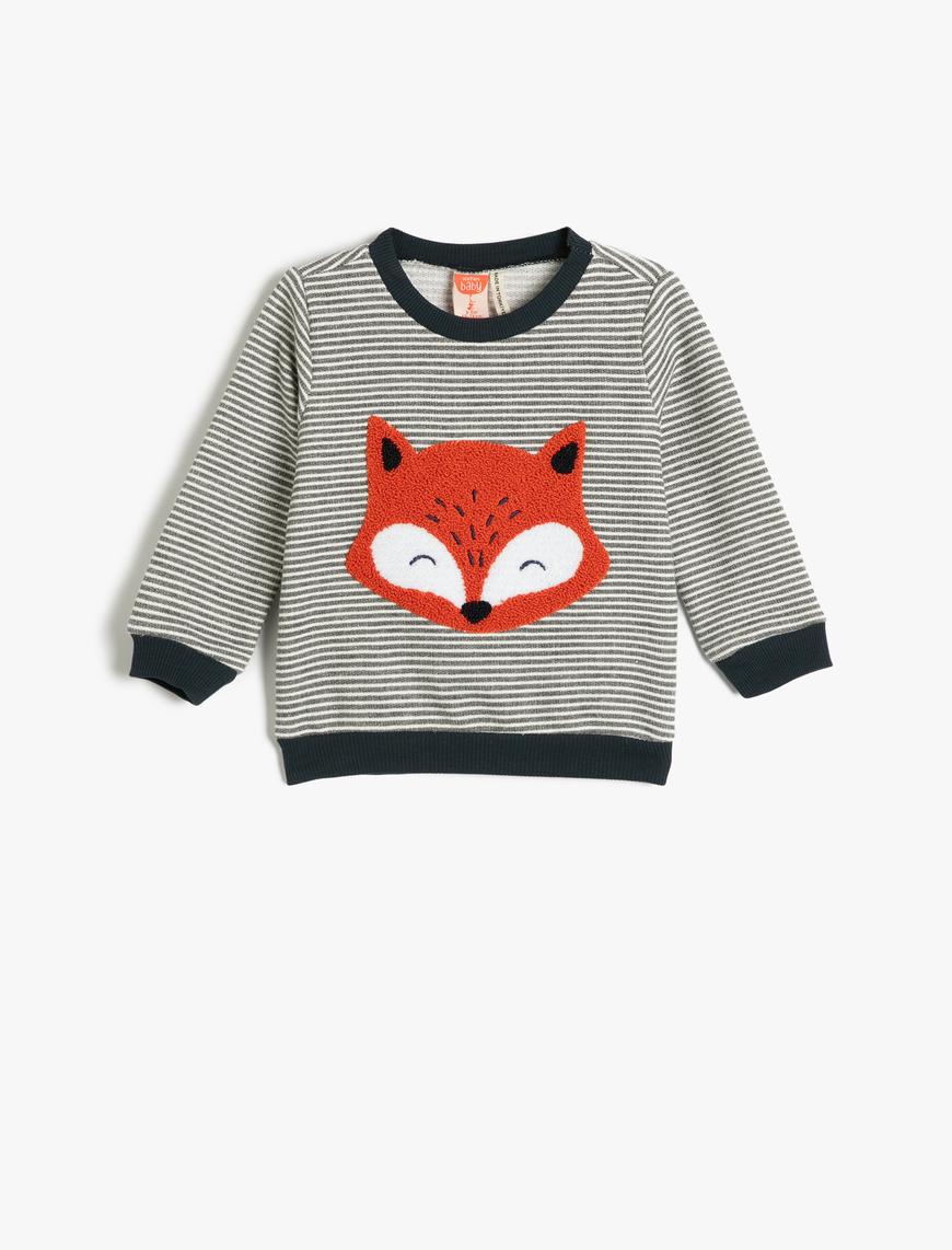  Erkek Bebek Sweatshirt Peluş Tilki Aplike Detaylı Şardonlu Bisiklet Yaka