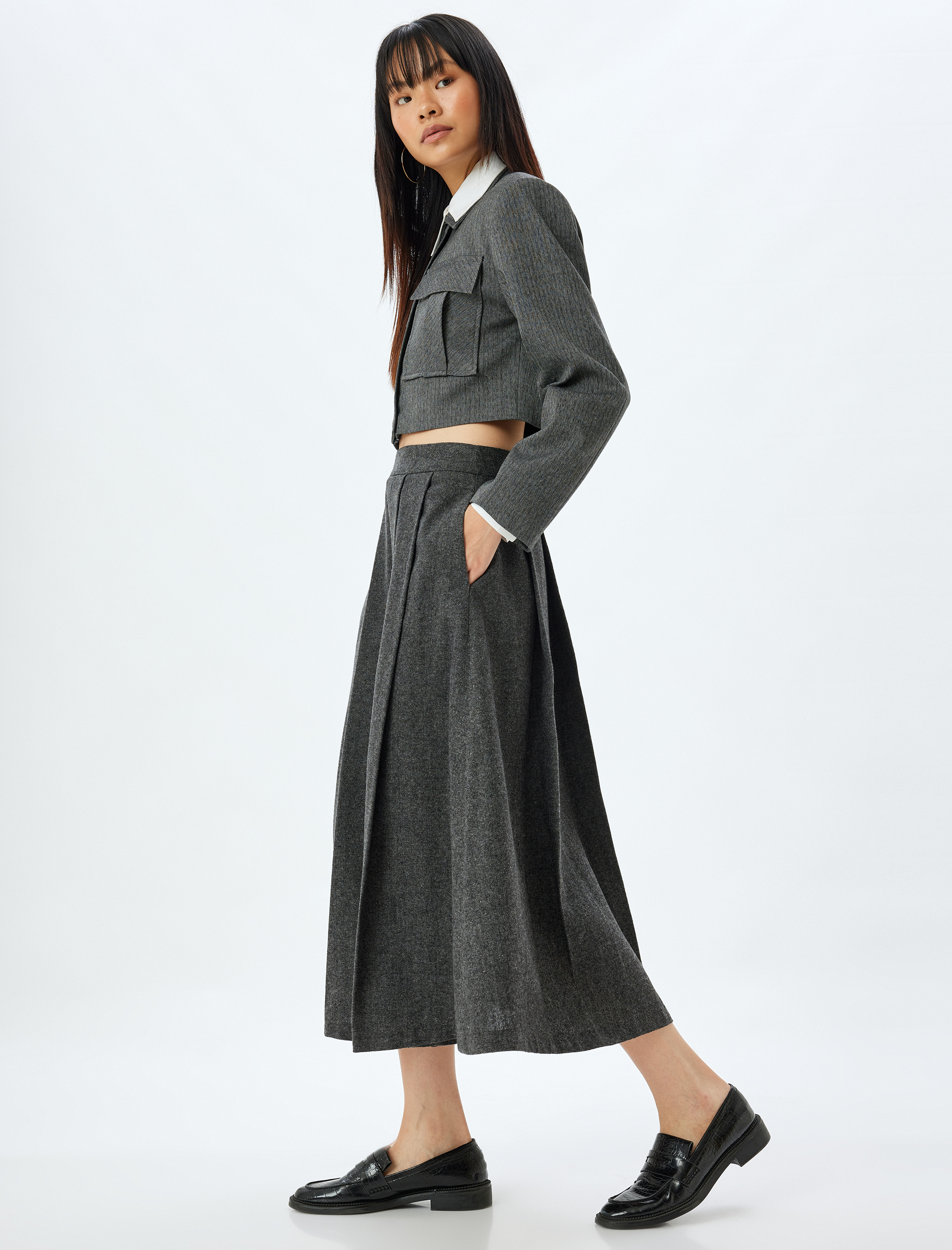   Tüvit Etek Midi Boy Pileli A Kesim