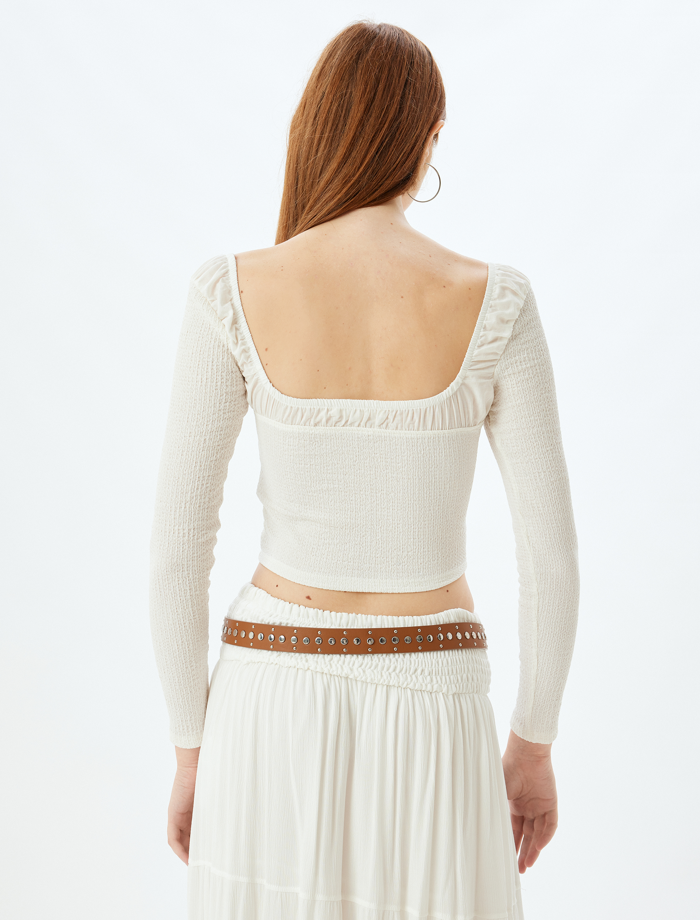   Önden Bağlama Detaylı Kalp Yaka Uzun Kollu Crop Bluz