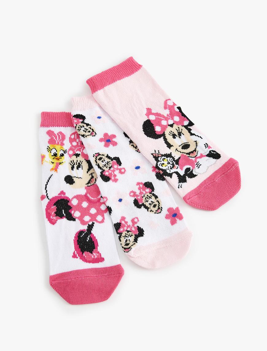  Kız Çocuk 3'lü Minnie Mouse Baskılı Çorap Seti Lisanslı