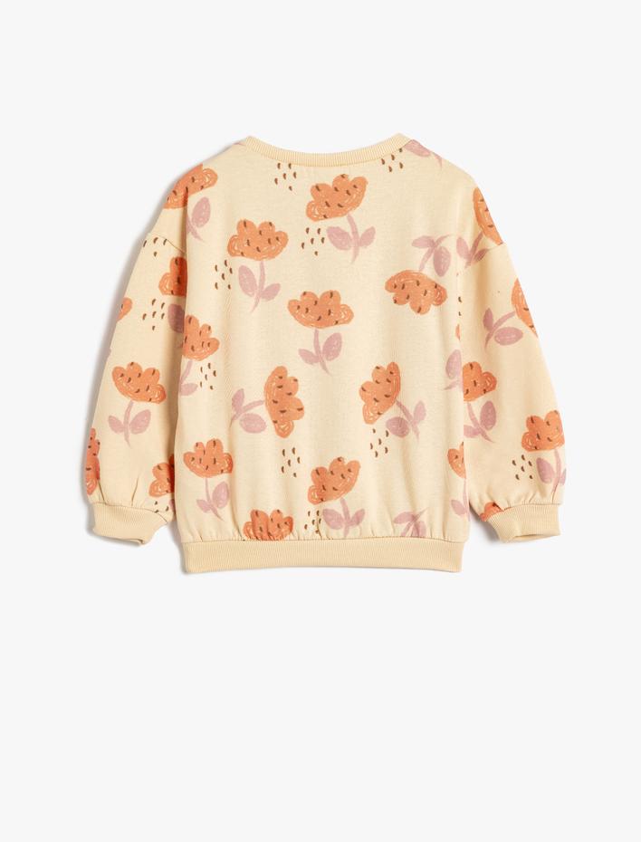 Kız Bebek Çiçekli Sweatshirt Uzun Kollu Bisiklet Yaka Pamuklu Şardonlu