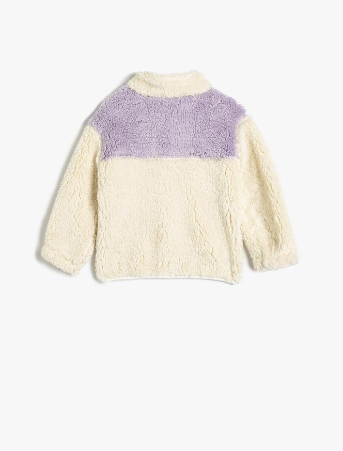 Kız Bebek Peluş Sweatshirt Dik Yaka Uzun Kollu Yarım Fermuarlı