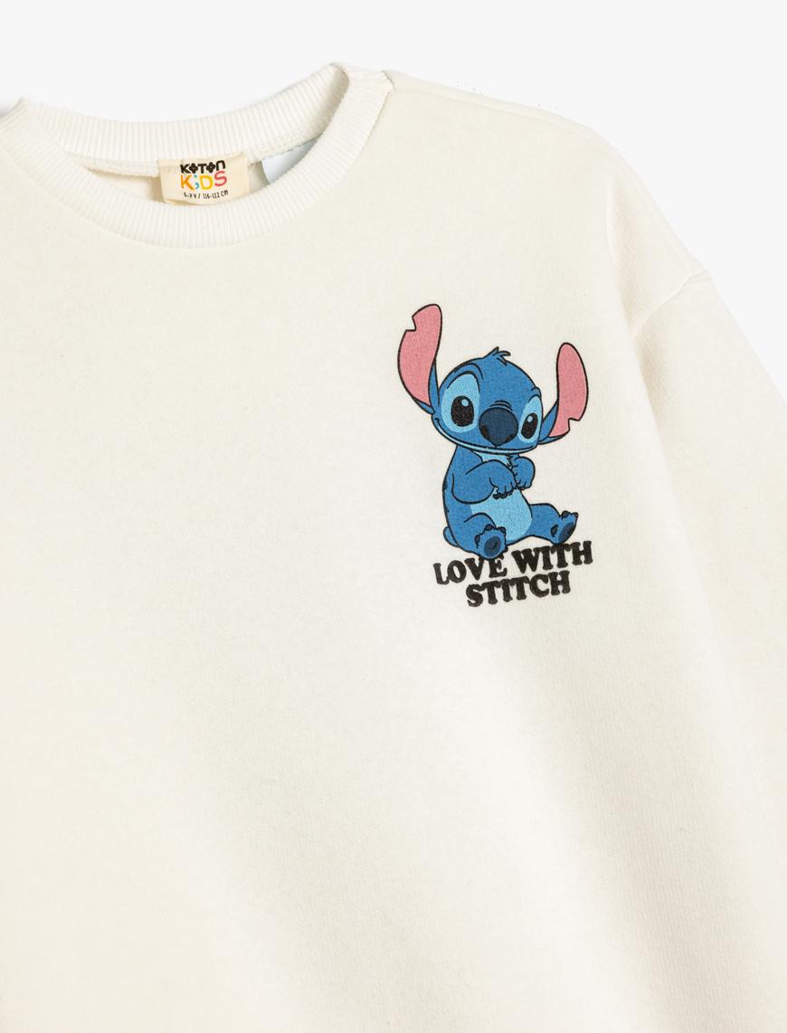  Kız Çocuk Stitch Sweatshirt Lisanslı Uzun Kollu Bisiklet Yaka Pamuklu Şardonlu