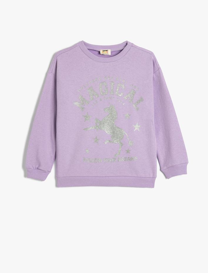 Kız Çocuk Sweatshirt Unicorn Baskılı Bisiklet Yaka Uzun Kollu Pamuklu