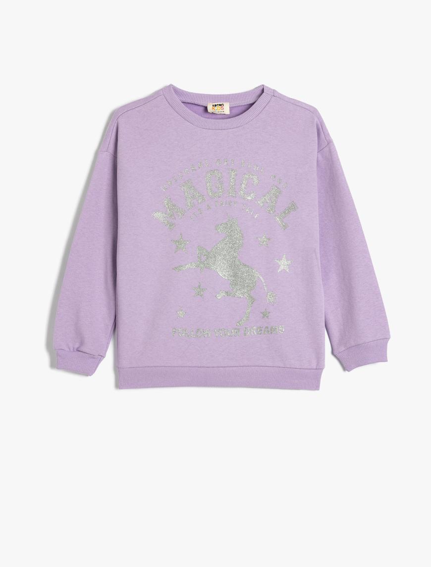  Kız Çocuk Sweatshirt Unicorn Baskılı Bisiklet Yaka Uzun Kollu Pamuklu