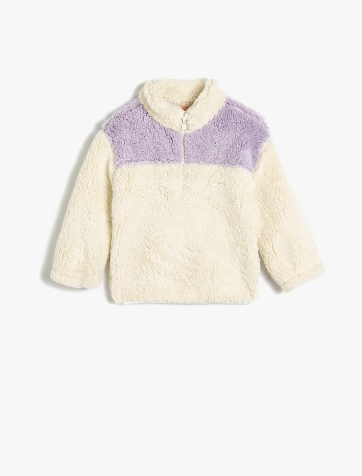 Kız Bebek Peluş Sweatshirt Dik Yaka Uzun Kollu Yarım Fermuarlı