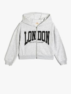 Fermuarlı Crop Sweatshirt Kapşonlu Baskı Detaylı Şardonlu