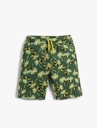 Palmiye Baskılı Şort Pamuklu Beli Bağcıklı