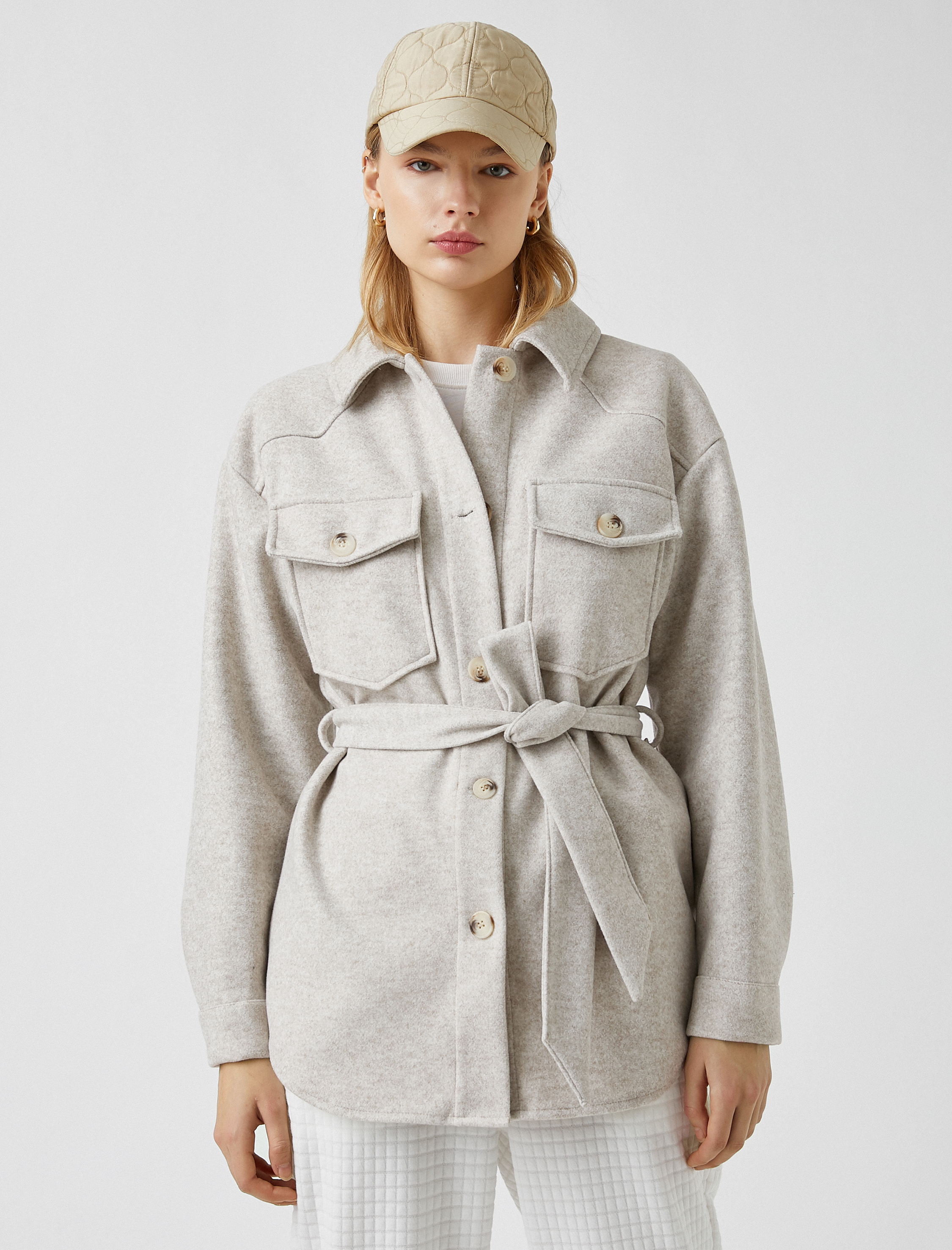 Katlı Yaka Kuşaklı Gömlek Ceket