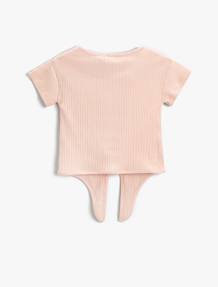 Kız Çocuk Bağlama Detaylı Dokulu Kısa Kollu Tişört Pamuklu