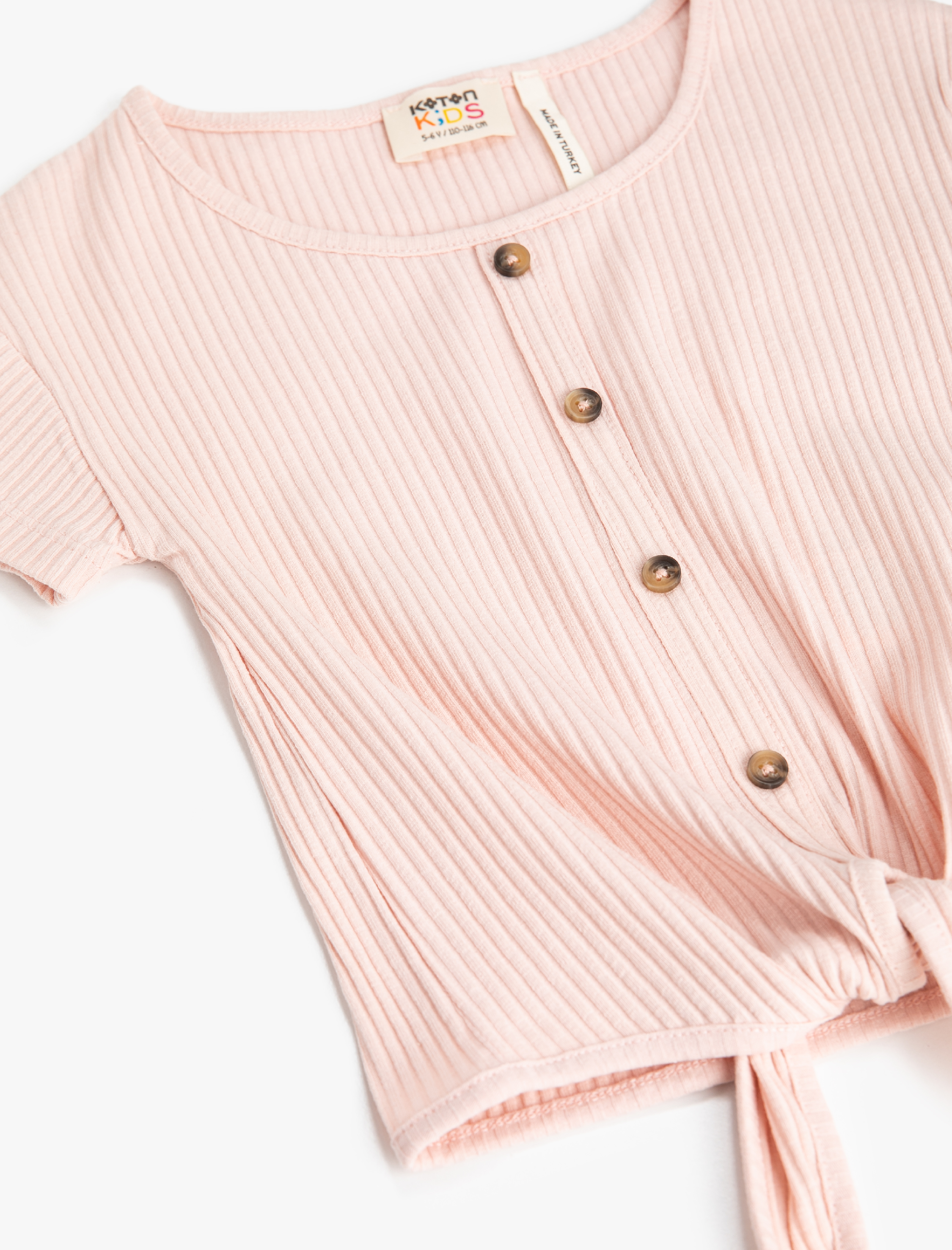  Kız Çocuk Bağlama Detaylı Dokulu Kısa Kollu Tişört Pamuklu