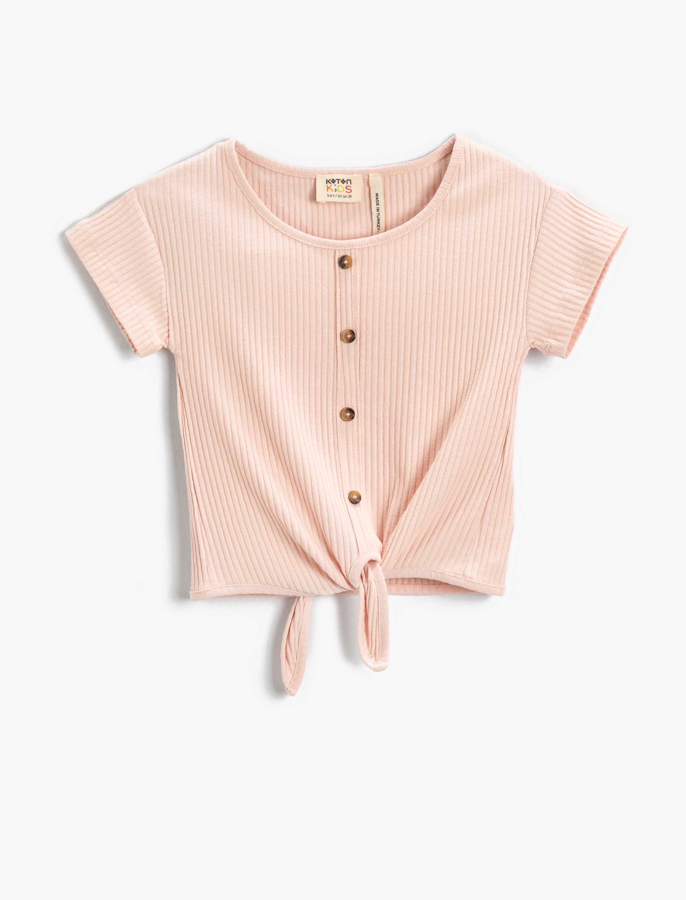  Kız Çocuk Bağlama Detaylı Dokulu Kısa Kollu Tişört Pamuklu