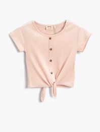 Bağlama Detaylı Dokulu Kısa Kollu Tişört Pamuklu