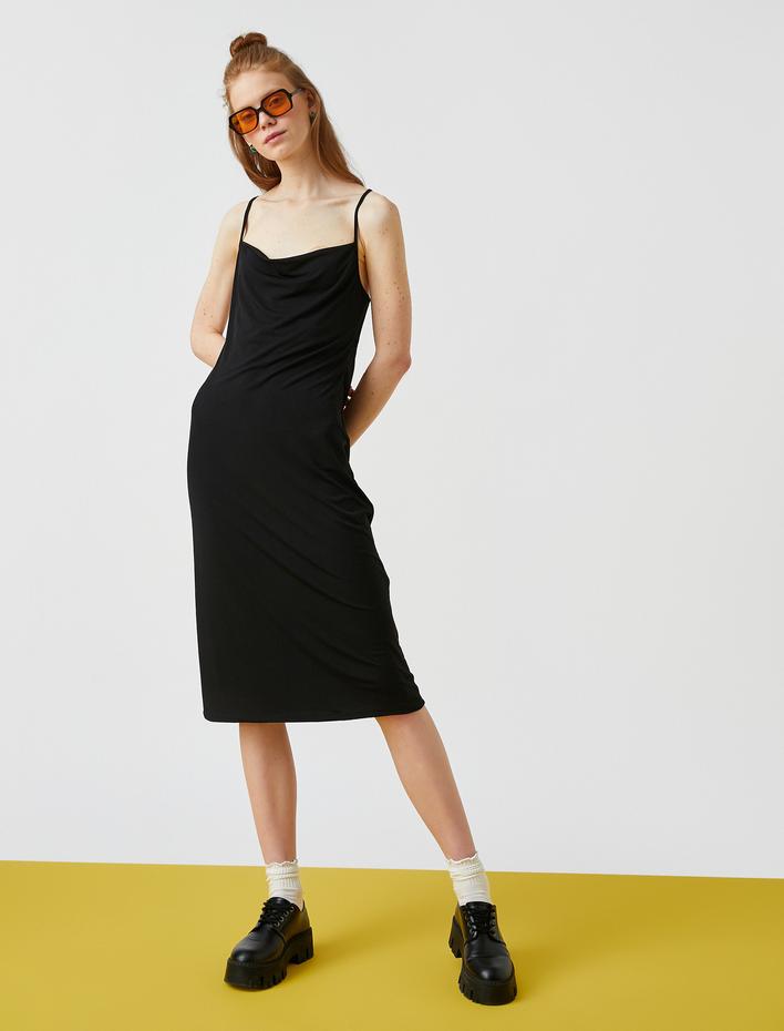  Sırt Dekolteli Midi Boy Elbise Fiyonk Detaylı