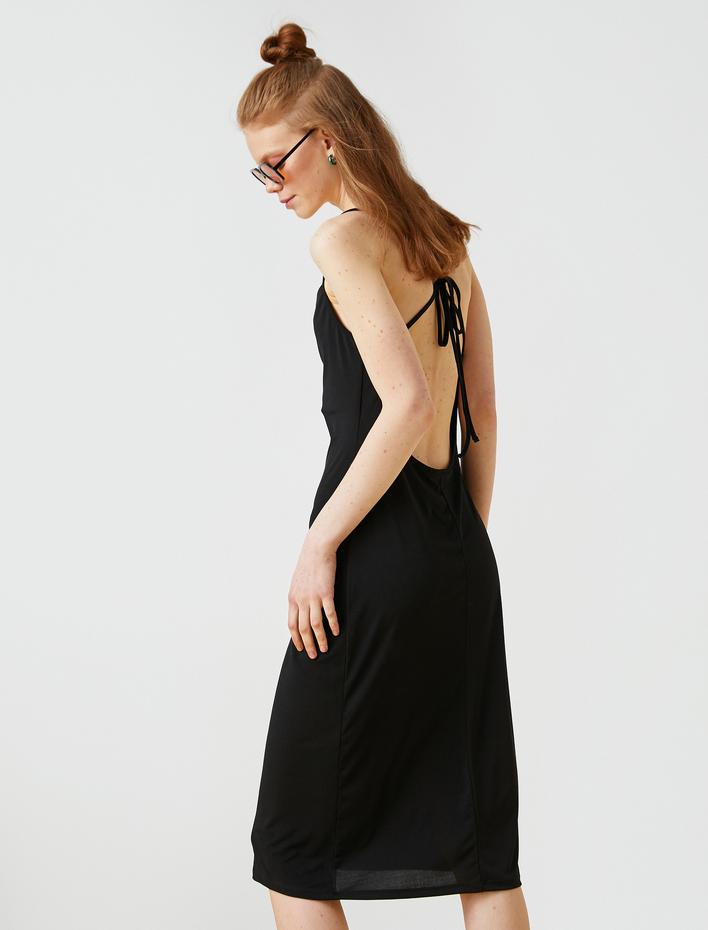  Sırt Dekolteli Midi Boy Elbise Fiyonk Detaylı