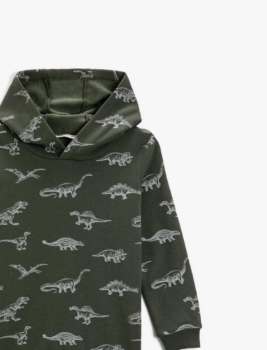  Erkek Çocuk Dinozor Baskılı Kapüşonlu Sweatshirt