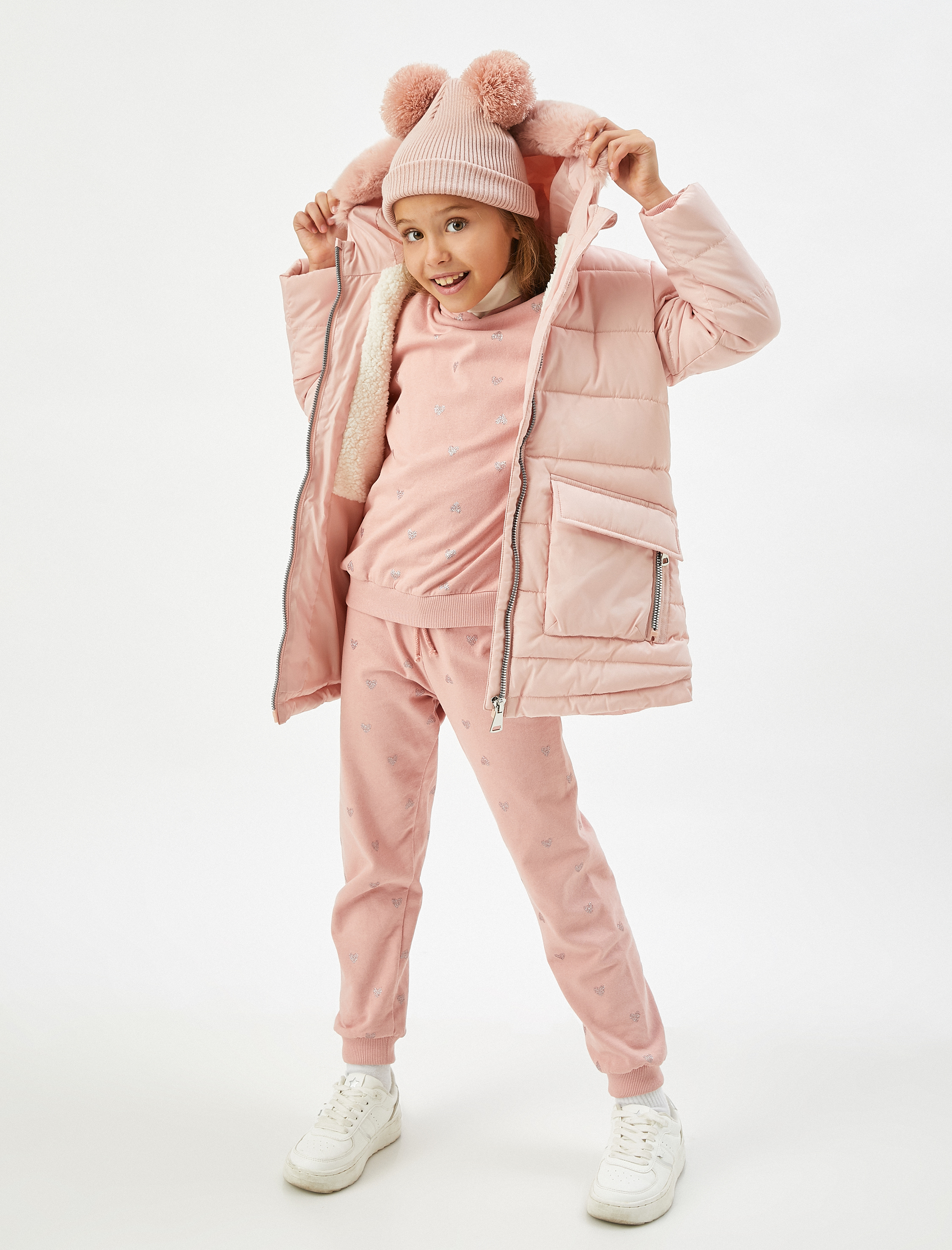  Kız Çocuk Kapüşonlu Fermuarlı Anorak Şişme Mont