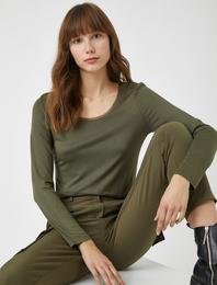 Uzun Kollu Tişört Tül Detaylı Yuvarlak Yaka