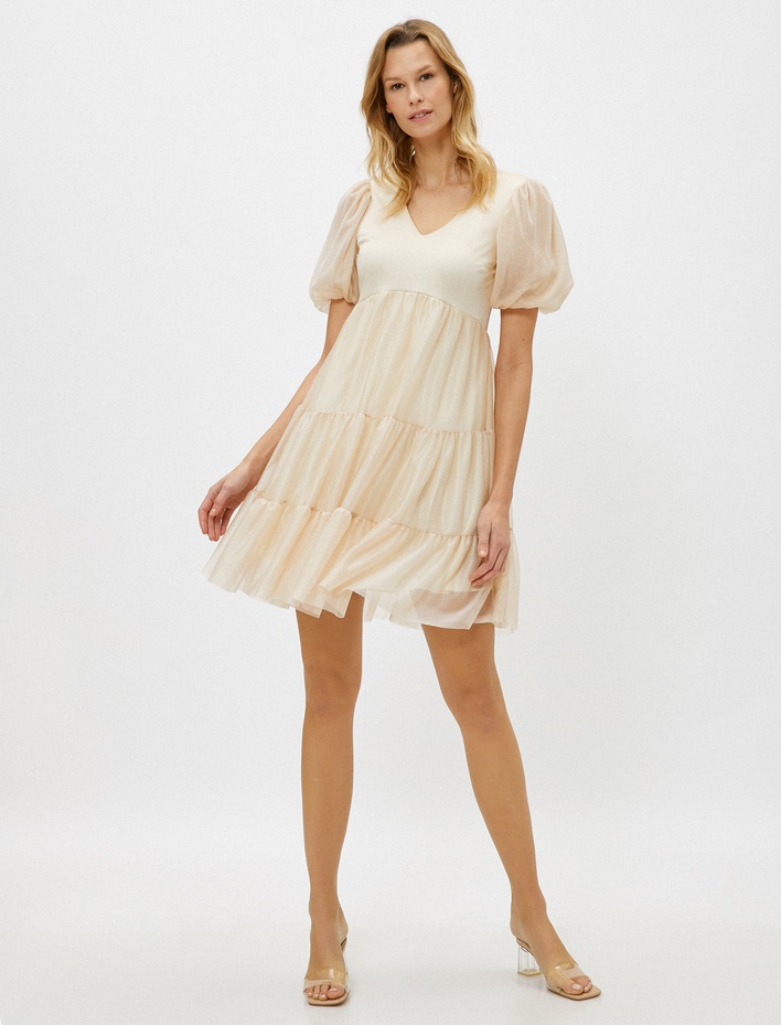  Kısa Balon Kollu Elbise V Yaka Mini