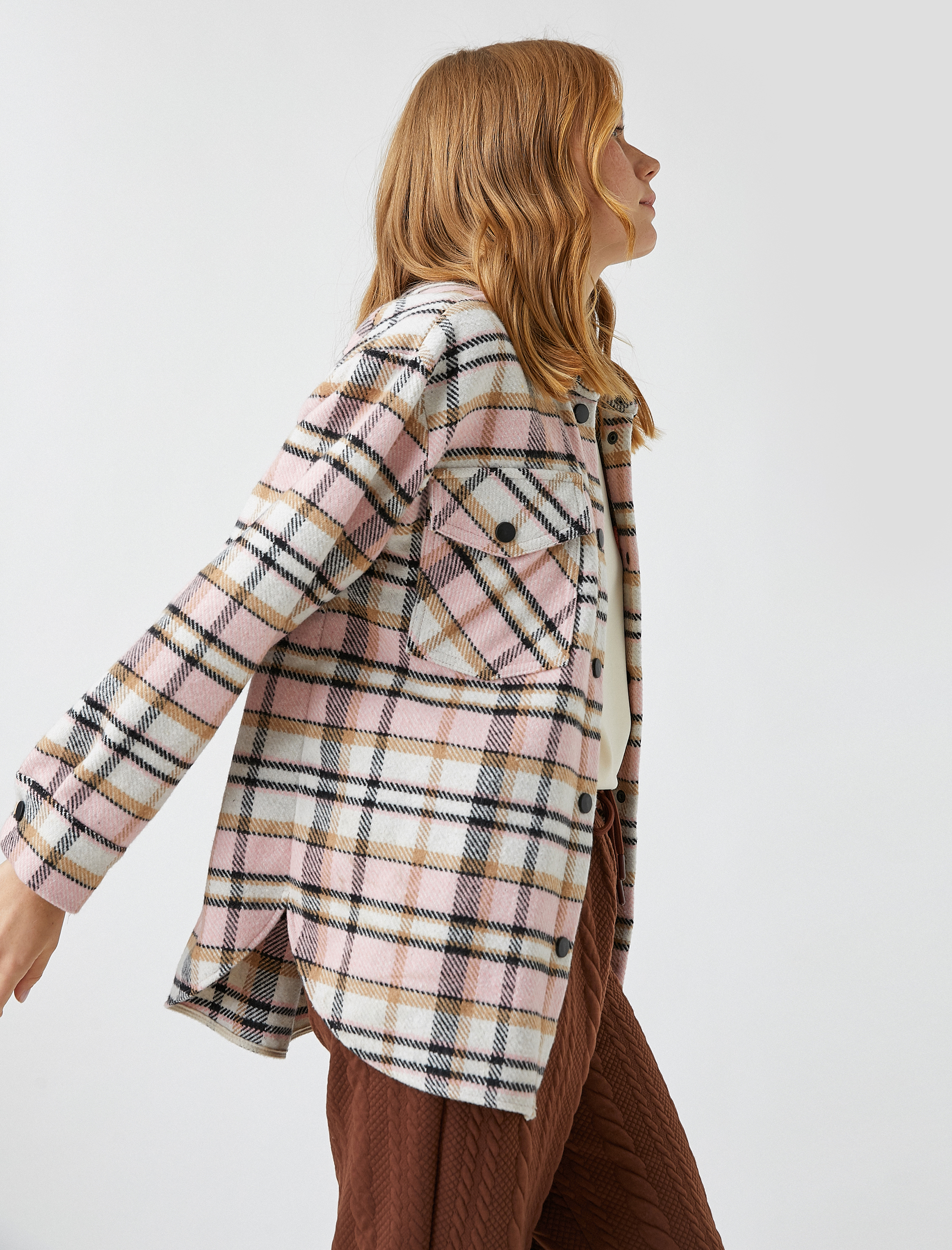   Uzun Kollu Oversize Düğmeli Cep Detaylı Ekose Gömlek